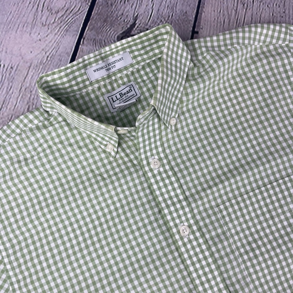 L.L. Bean Shirt Mens Small‎ Reg Green Gingham Long Sleeve Button Trim Fit